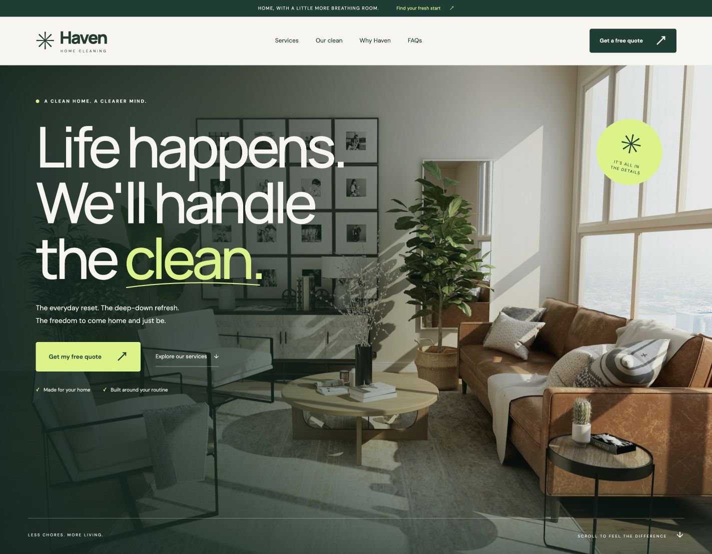 Haven cleaning website with a large living room photograph and lime green accents