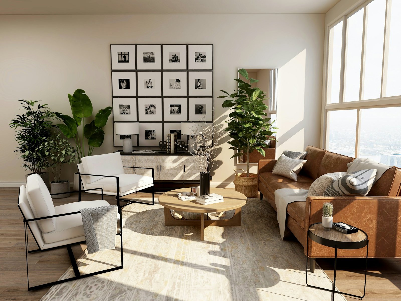 Sunlit living room with natural textures, soft seating and leafy plants
